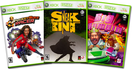 PocketBike Racer, Big Bumpin’, and Sneak King Xbox covers.