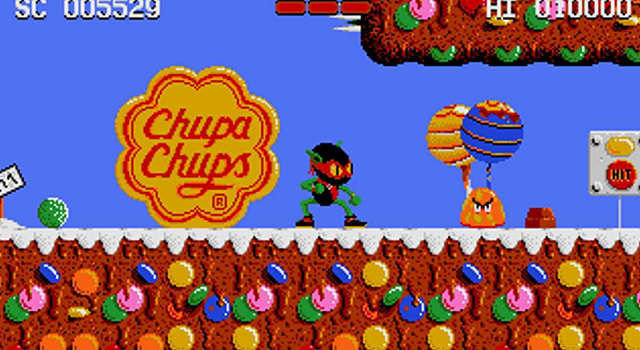 Screenshot of Zool game with attention-attracting Chupa Chups logo