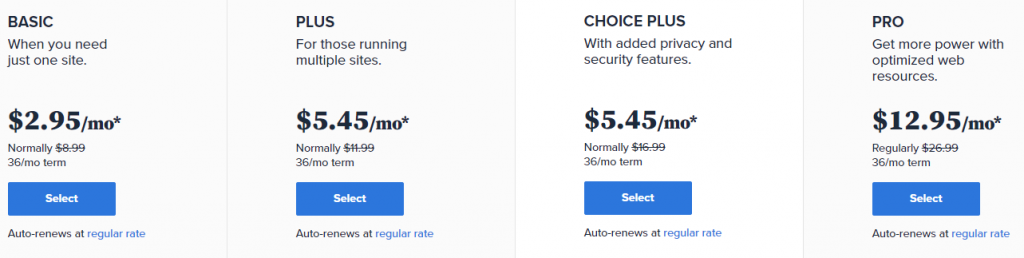 Blog hosting costs of a hosting company Bluehost