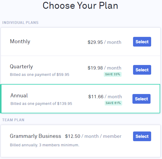 Plan options in Grammarly