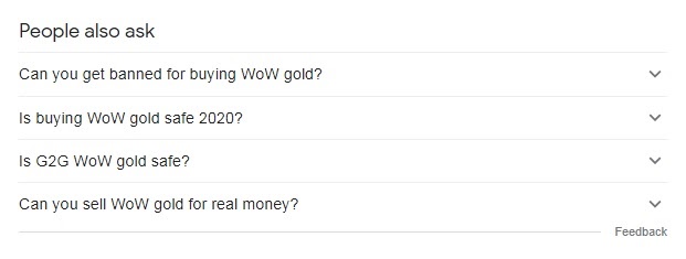 examples of user queries on keyword “wow gold” from people also ask