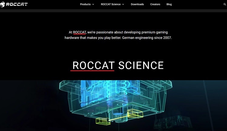 Roccat landing page with underlined word Roccat