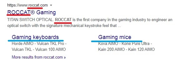 Roccat website in search results with underlined word Roccat in the title, URL, and meta description