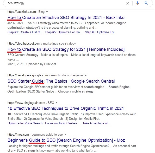 search results regarding query ‘SEO strategy’