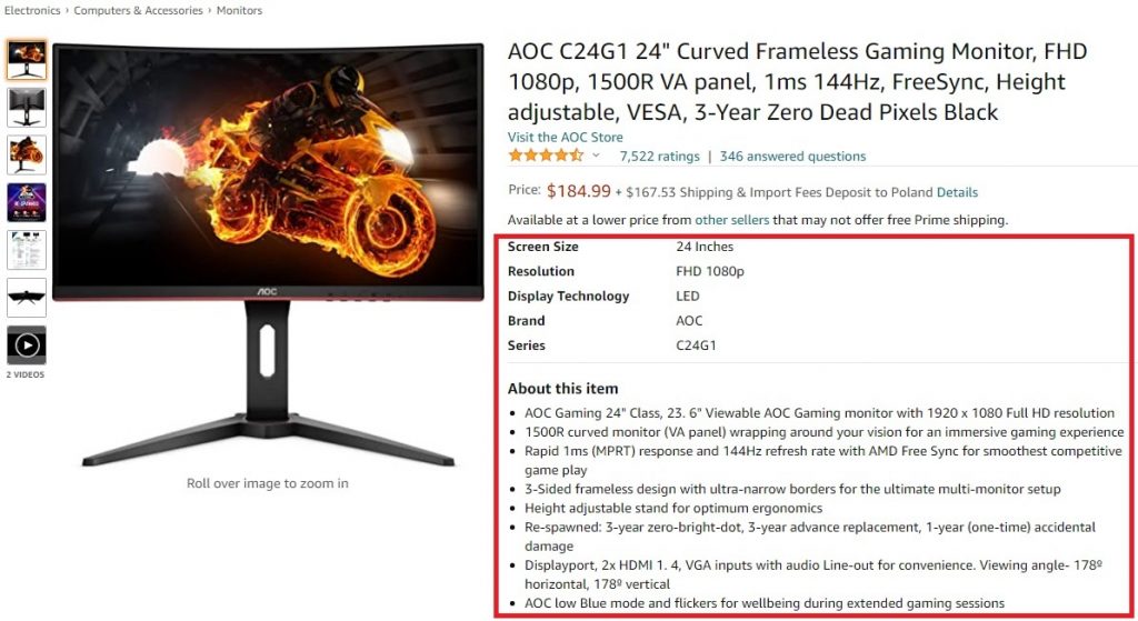 part of AOC C24g1 amazon product description