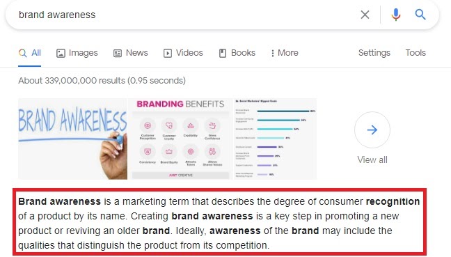 featured snippet on query ‘brand awareness’