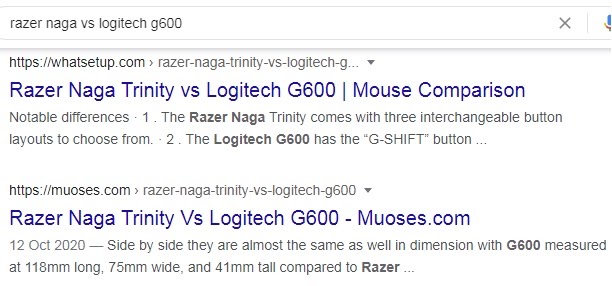 query ‘razer naga vs. Logitech g600’ as an example of commercial investigation