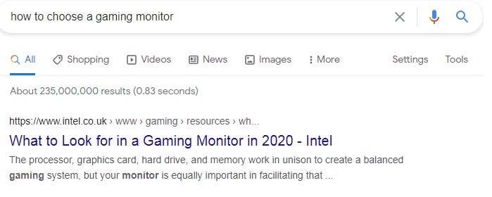 Intel page as an example from Google rankings on query ‘how to choose a gaming monitor’