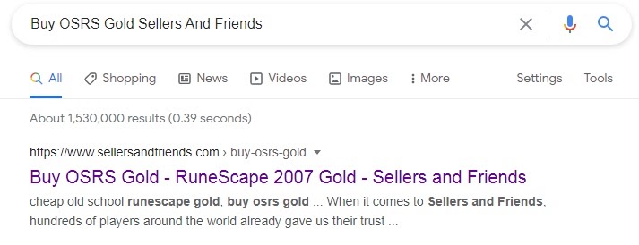 SellersandFriends as a Google search result on query ‘Buy OSRS gold SAF’