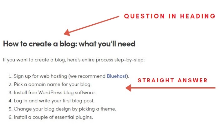 fragment of guide ‘how to create a blog’ with arrows pointing at the heading and the beginning of the paragraph