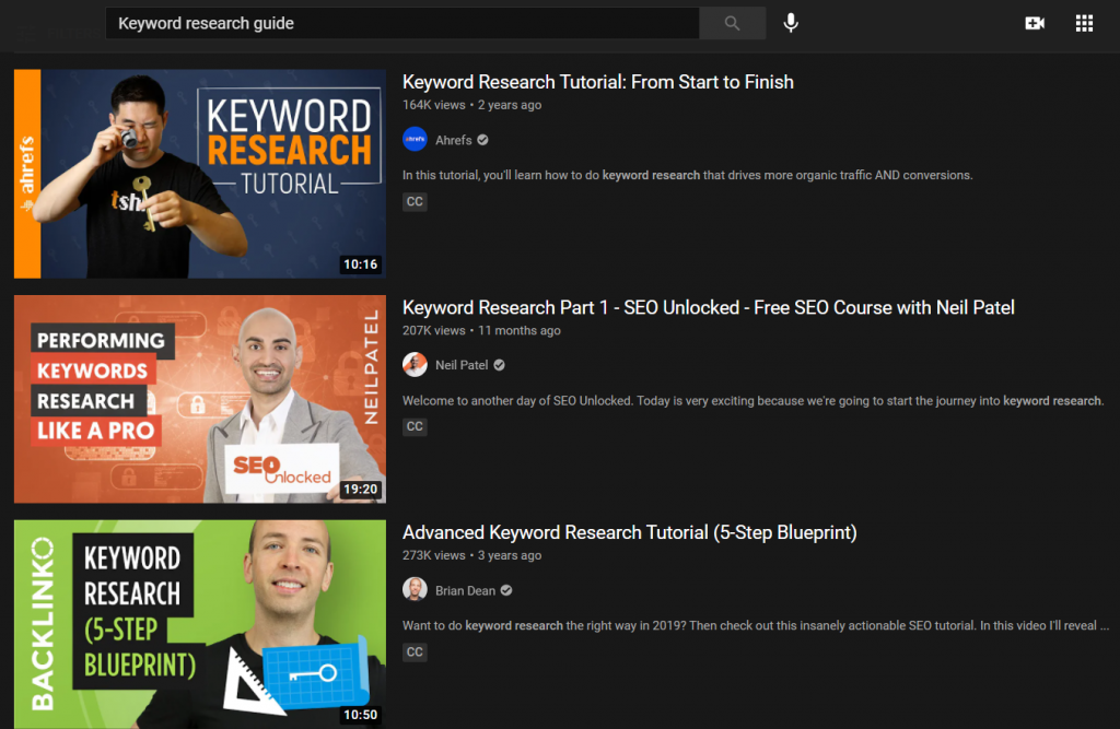 keyword research guide Youtube results