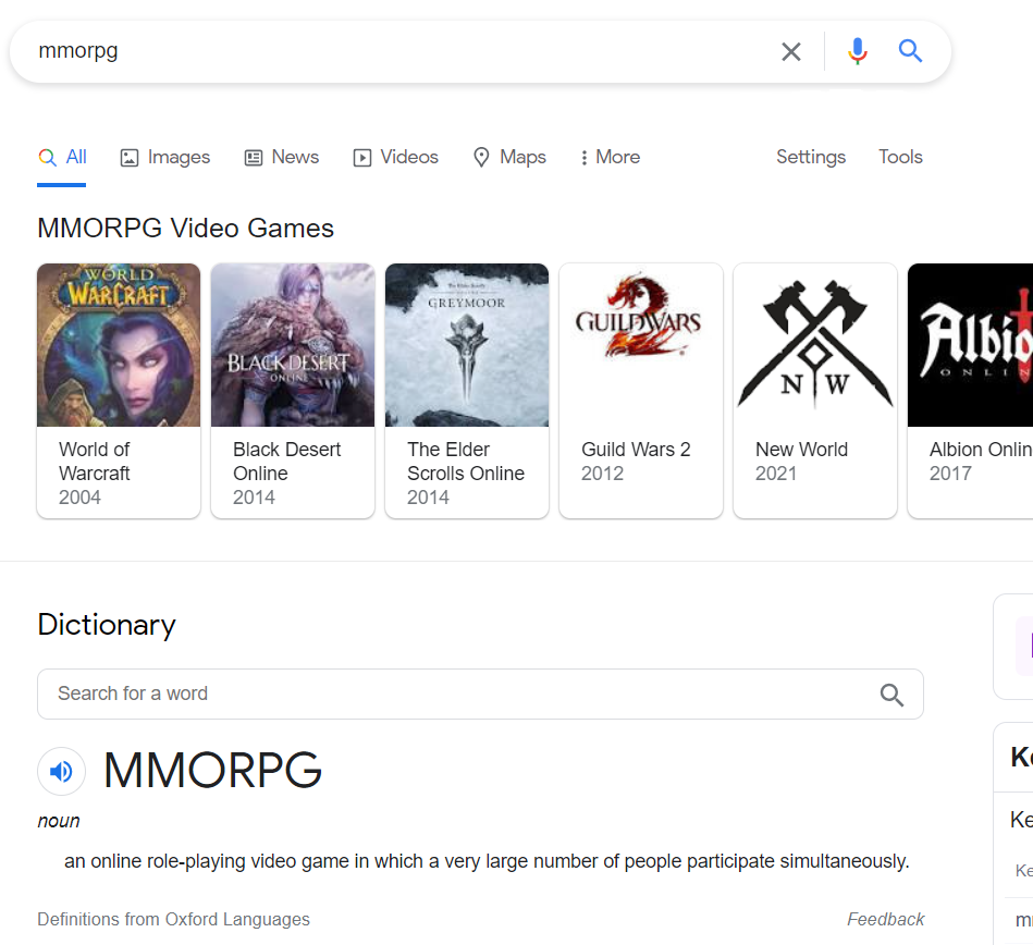 MMORPG video games in SERP