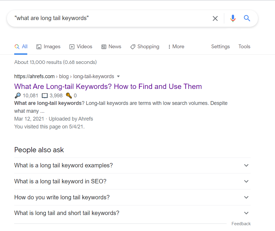 what are long-tail KW search results