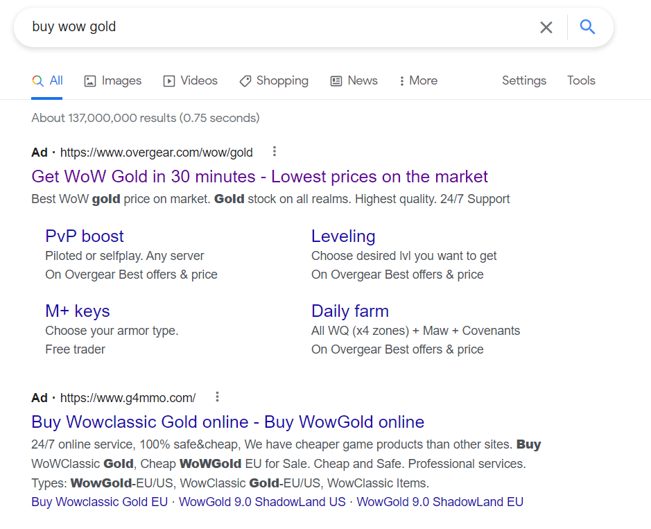 SERP for buy wow gold