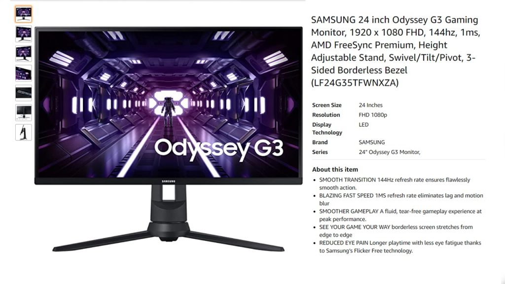 Gaming monitor visual on product description