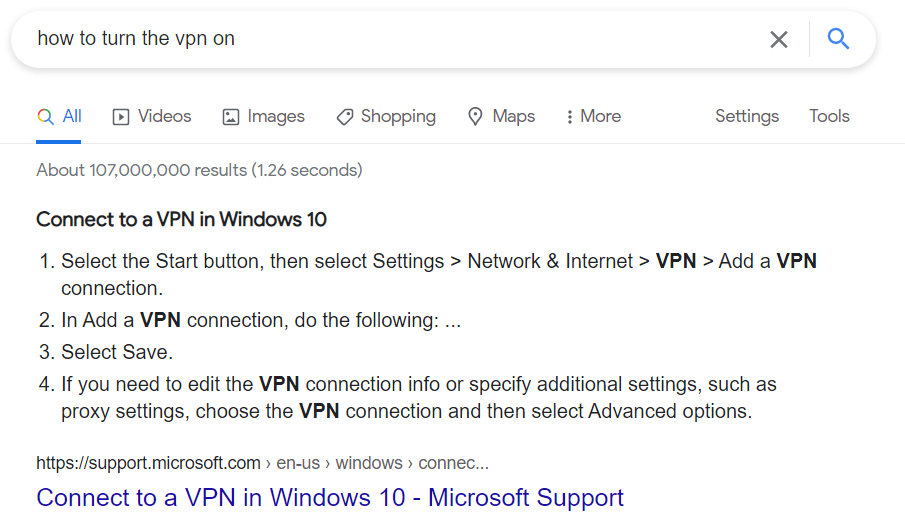 search query How to Turn the VPN on