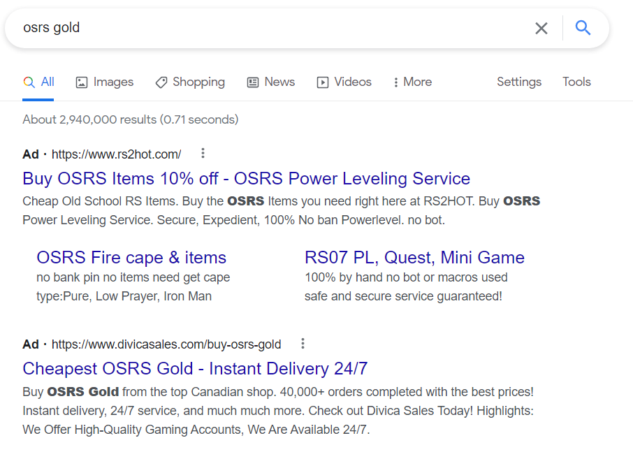SERP for osrs gold