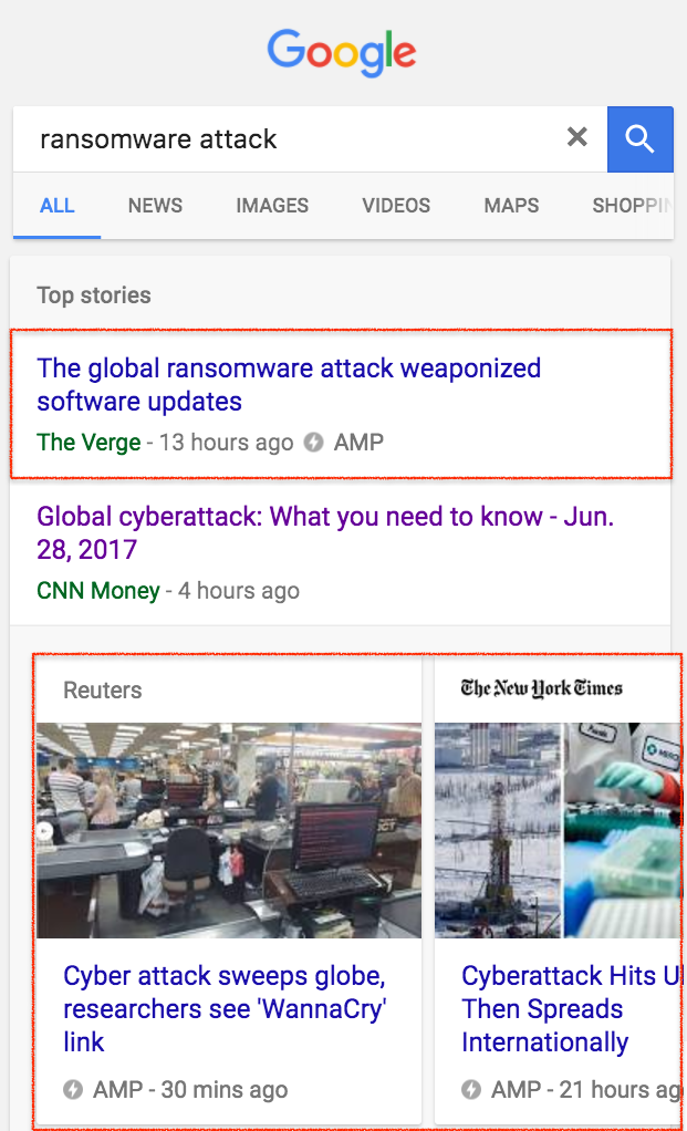 example of amp pages in search engine results pages on the query “ransomware attack”