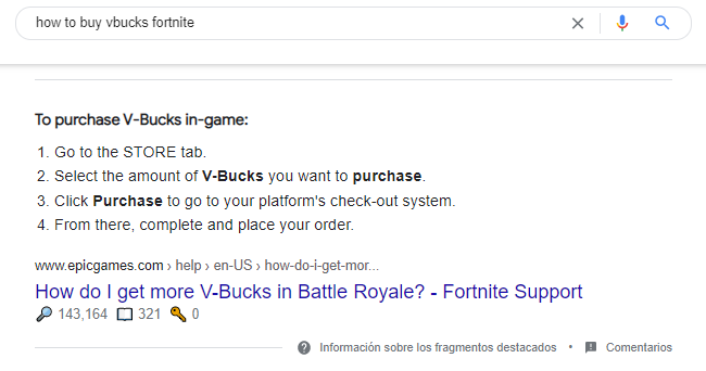 featured snippet phrases example for broad terms in Epic Games Fortnite