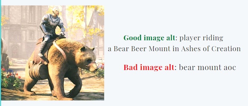 examples of good and bad image alts for an image of a player riding Bear Beer Mount in Ashes of Creation