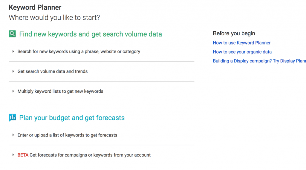 Google Keyword planner for webmasters 