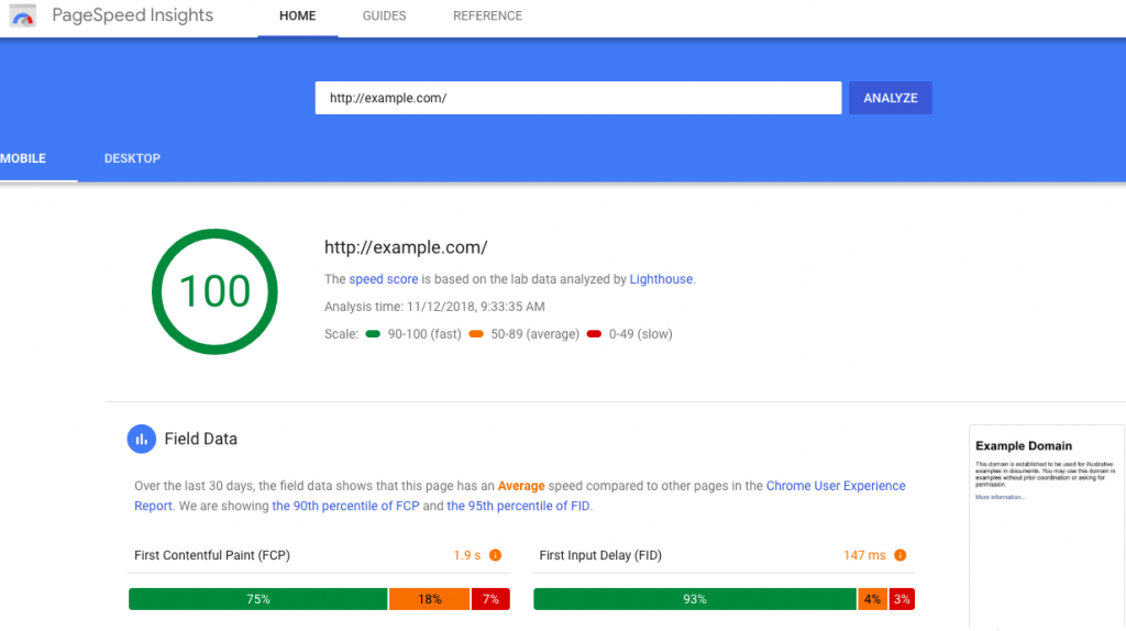 page speed example in Google’s PageSpeed insights tool