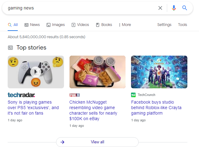 examples of rich results on the query “gaming news”