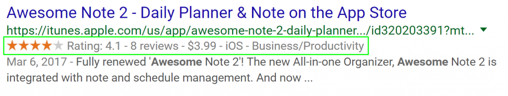 Itunes URL link in rich snippets showing the relevant result to query “awesome note 2”