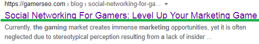 GamerSEO article “Social Networking for Gamers” with underlined title meta tags