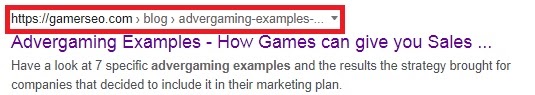 GamerSEO article “Advergaming Examples” in Google SERPs with URL circled in red