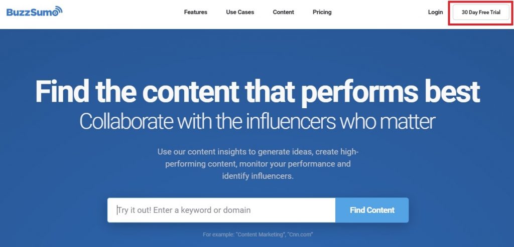 buzzsumo page screenshot - a tool that helps spying on your competition content strategy