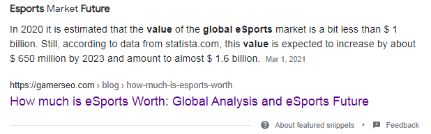 example of gamerseo featured snippet “esport market future”