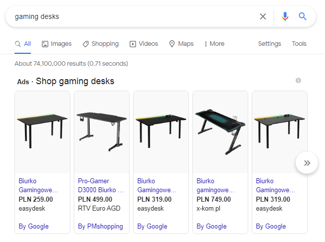 image ads of all the websites that rank for query “gaming desks” with their ad copy