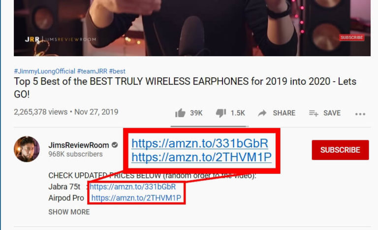 JimsReviewRoom video description with amazon recommendations showing he’s a part of the amazon influencer program