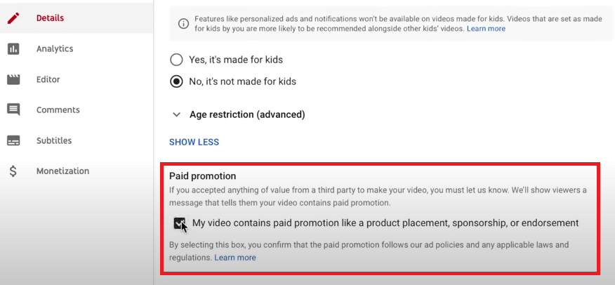 paid promotion disclaimer that advertisers must check on YouTube