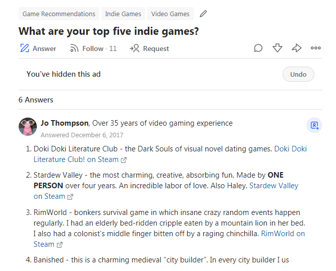 quora screenshot on the query “what are your top five indie games” as an example of market research opportunity