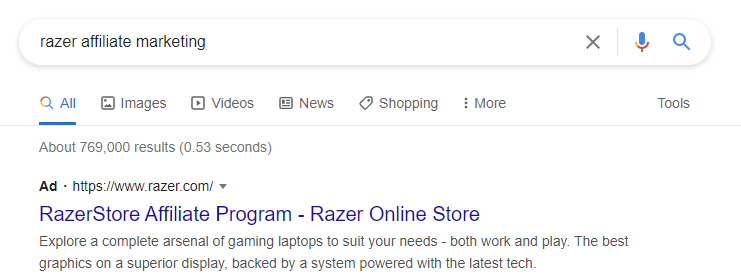 razer affiliate marketing link in SERP