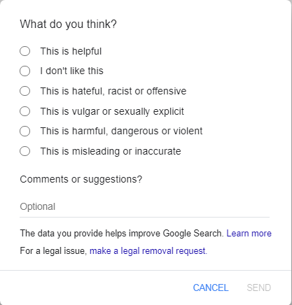 available report options after clicking “feedback” in google