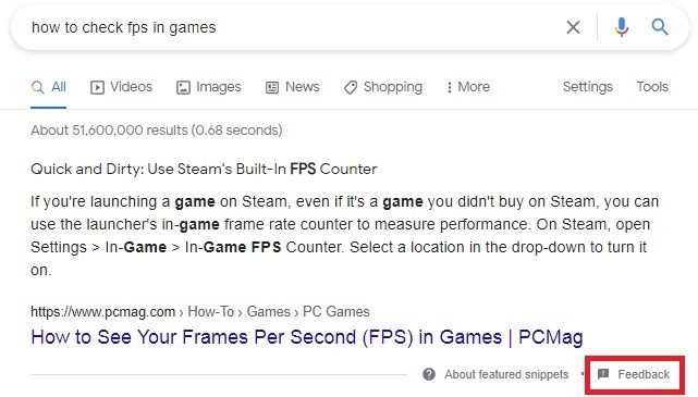 featured snippet from pcmag on the query “how to check fps in games” with “feedback” marked in red