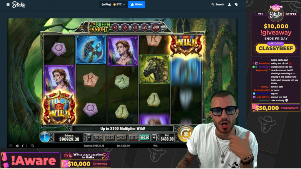 twitch stream of user ClassyBeef playing slots with branding ads on screen