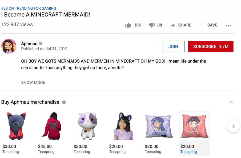 different ways Aphmau gets money earned through YT merchandise store