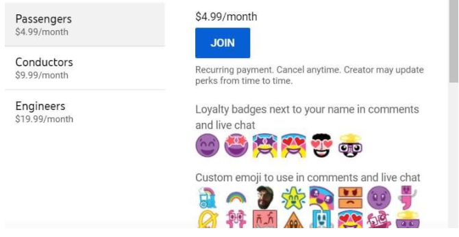 youtube memberships feature list for fan funding