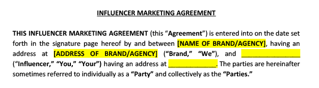 standard agreement terms in brand ambassador contract