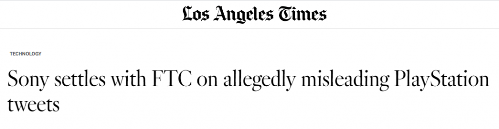 LA Times headline about FTC’s legal action against Sony