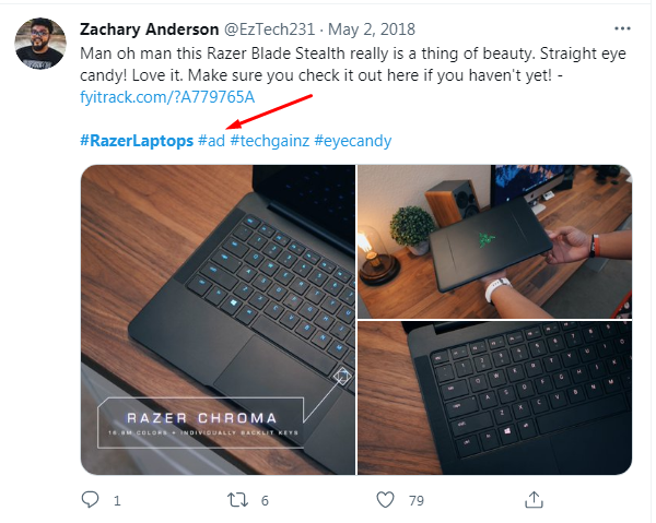 professional sponsored posts on Twitter presenting Razer laptop with company logo