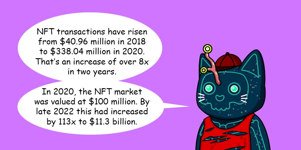 A mutant cat talking about NFT statistics and values