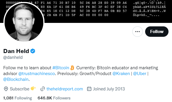 Dan Held twitter profile and bitcoin educator