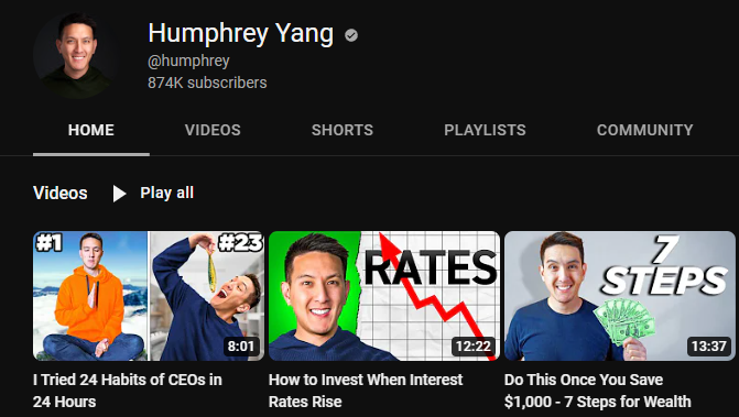 Humphrey Yang youtube front page