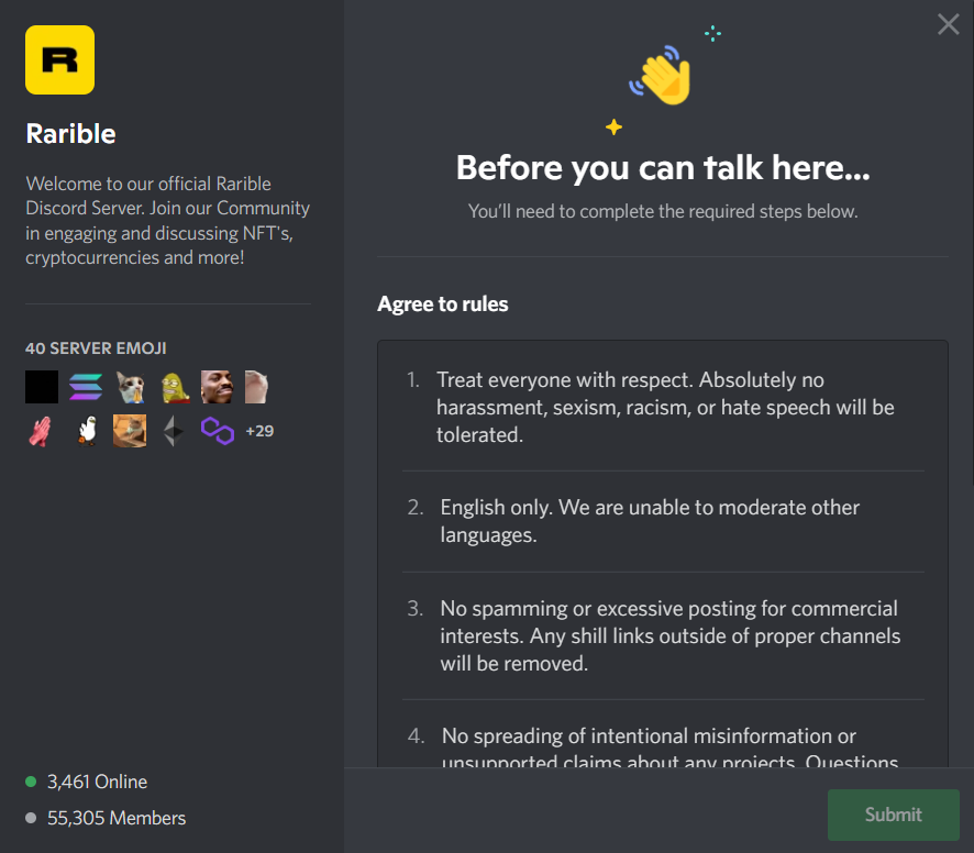 Rarible requirements and rules to be accepted in the Discord server