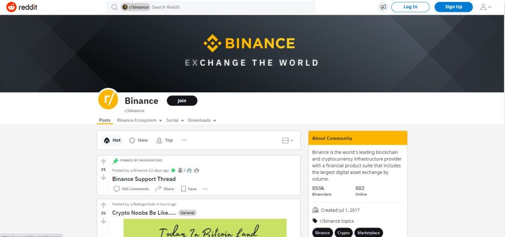 Reddit Binance page